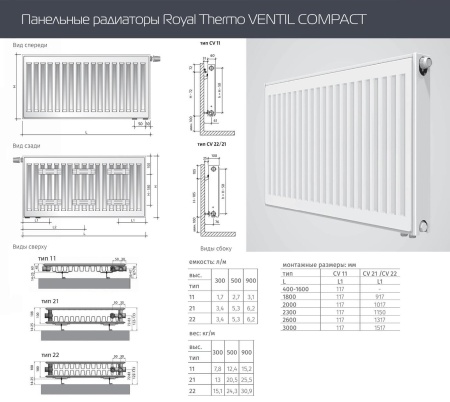 Стальной панельный радиатор Тип 22 Royal Thermo VENTIL COMPACT 22-300-3000