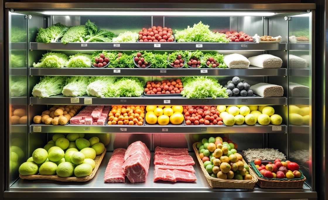 Продукты в холодильной витрине